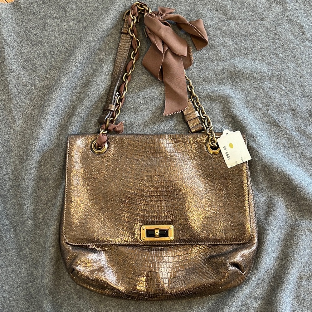 LANVIN Bronze Quilted Leather Happy Flap Shoulder Bag